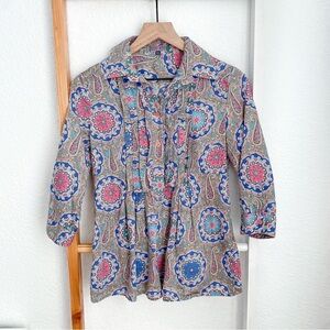 Vilagallo Paisley Blouse Top 1/2 Button Front Multicolored Pleated Cotton 36